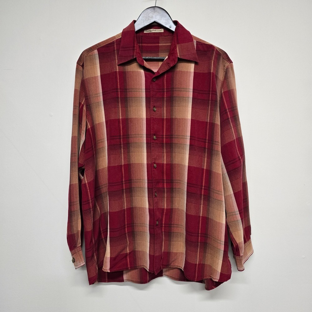 Tommy Bahama Plaid Shirt Mens Large Red Tencel Long Sleeve Resort Casual